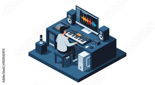 Isometric illustration of a music producer working on a song at his workstation, using a keyboard and audio editing software on his computer, in a cozy sound studio.