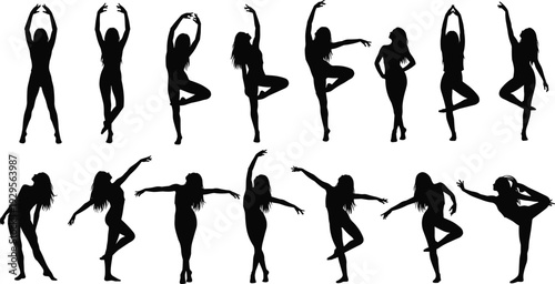 Silhouette women dancing collection, female dancer poses set, black shadow figures isolated, modern ballet contemporary dance, flat vector illustration