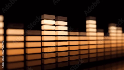 Digital Audio Equalizer Bars Bouncing to Music Sound Levels on Dark Reflective Surface