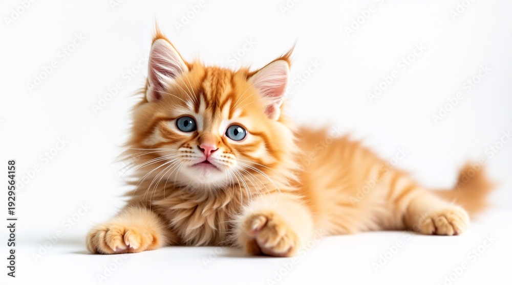 Obraz premium A fluffy orange tabby kitten with bright blue eyes lies on a white background, one paw playfully raised, with soft pink paw pads visible, creating an irresistibly cute and endearing scene.