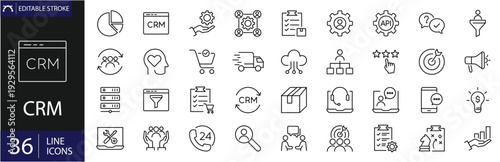 CRM icons set. Includes symbols of customer relationship management, contacts, communication, sales pipelines, analytics, and support. Editable stroke. Vector illustration. Outline icons.