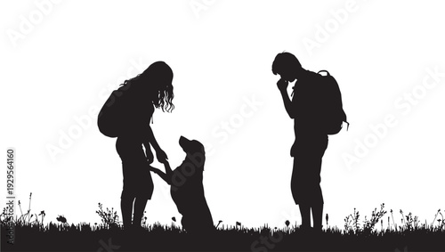 Family silhouette with backpackers walking in the field together featuring backpacking, hiking, grass with flowers and people elements for outdoors, adventure projects, clean composition on simple