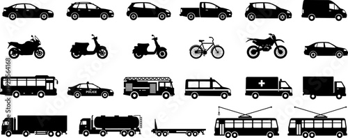 Transport vehicle silhouette collection, cars trucks bus motorcycle bicycle emergency service icons set isolated, flat vector illustration