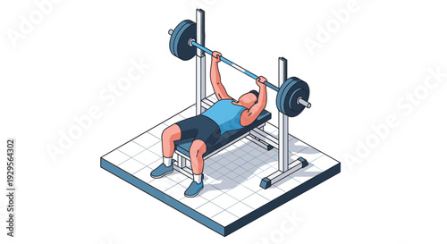 Isometric illustration of a man bench pressing a barbell in a gym setting, showcasing strength training and fitness concepts in a modern and clean visual style.