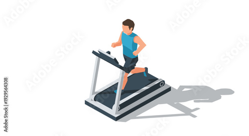 Isometric illustration of a man running on a treadmill, isolated on white background, creating a clean and modern design suitable for fitness and health related projects.