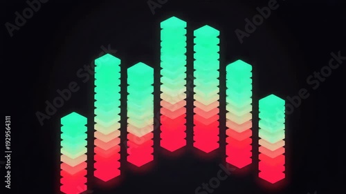 Audio Equalizer Bars Dynamically Rising and Falling Visualizing Sound with Glowing Vibrant Colors on Black Background