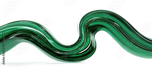 A glossy, emerald green, undulating ribbon curves across a white background