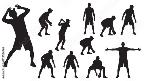 Baseball players silhouette set with pitcher batter catcher and fielding poses, black sport action figures isolated on white background for design and clipart