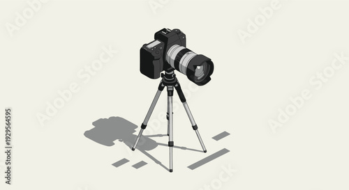 An illustration of a camera and tripod, set up in a photography studio with bright lighting, emphasizing tools used for photography.