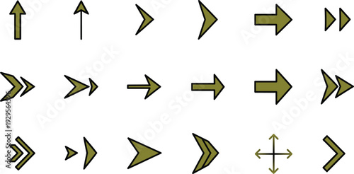 Collection of various brown arrows pointing in different directions on white background for navigation and design  many arrowheads