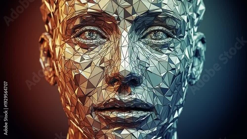 A mosaic portrait of a human face with a split metallic and gold color scheme.