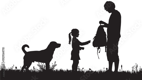 Silhouette family hiking scene with parent and child packing backpack while dog waits on grassy hill, outdoor adventure concept in minimalist black and white style