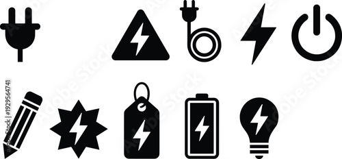 Electricity and power icons set, plug, lightning bolt, battery, charger and light bulb, energy symbol vector illustration collection