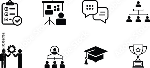 Set of business and education icons including checklist, presentation, and trophy clipboard checkmark