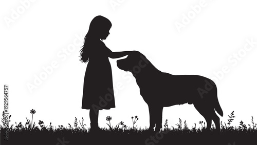Girl standing with dog in the flowers silhouette illustration with white background featuring grass, child, pet with friendship and love elements for loyalty, companionship projects, clean