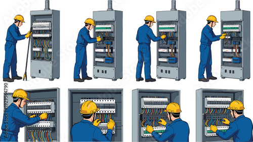 Electrician working on electrical control panel, technician installing circuit breakers and wiring in distribution board, industrial maintenance vector illustration set