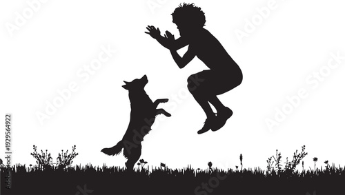 Silhouette woman jumping and playing with dog on grassy field, pet training and outdoor fun concept, black isolated figure on white background illustration