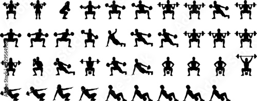 Weightlifting workout silhouette collection barbell squat lunge kettlebell strength training fitness exercise vector set isolated on white background