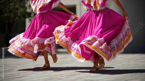 Mexican folkloric dancers in bright pink traditional dresses twirling outdoors. Energetic Cinco de Mayo celebration with vibrant costumes and cultural performance