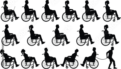 Black silhouettes of diverse men and women in wheelchairs including a person working on a laptop and a man being pulled by a caregiver