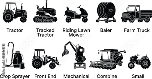 Farm machinery silhouette set, tractor combine baler and agricultural equipment vector illustration isolated on white background, farming icons collection
