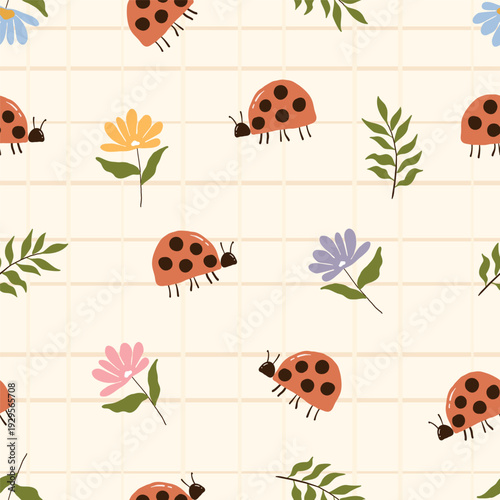 Seamless Pattern with Cute Hand Drawn Ladybugs, Colorful Flowers, and Leaves on Grid Background. Adorable Garden Theme for Girl Apparel, Baby Textiles, and Gift Wrapping. Vector Art.