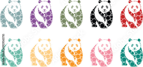 Colorful panda bear silhouettes made from dot pattern design, Panda animal silhouettes created with vibrant circular elements