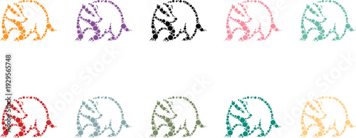 Badger silhouettes designed using colorful circular dots on white background, Creative badger animal silhouettes formed from round color shapes