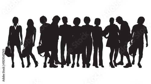 People crowd silhouette group of men and women standing together in a row, urban pedestrians with bags, black cutout figures isolated on white background
