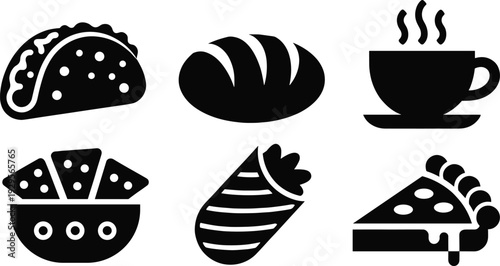 Food and drink icon set vector illustration featuring taco, bread, coffee cup, salad, burrito and pizza isolated on white background