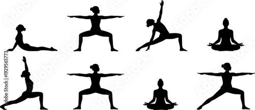 Yoga silhouette set featuring warrior pose, cobra stretch and meditation positions isolated on white background illustration collection