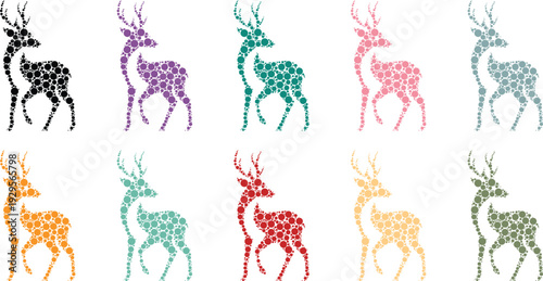 Deer silhouettes constructed from colorful dot composition, Abstract deer animal silhouettes created with circle pattern design