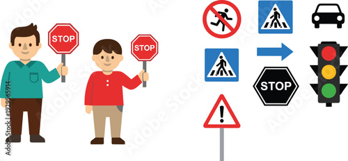 Father and son holding stop signs with traffic symbols, road safety education concept flat illustration set