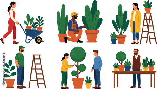Gardeners and plant shop workers set, people caring for potted plants, watering, pruning, selling houseplants, flat vector illustration of gardening lifestyle concept