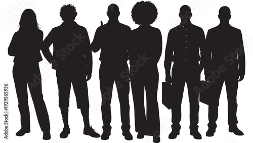 People standing silhouette group with diverse adult men and women in full length, business and casual outfits, isolated on white background, teamwork concept illustration