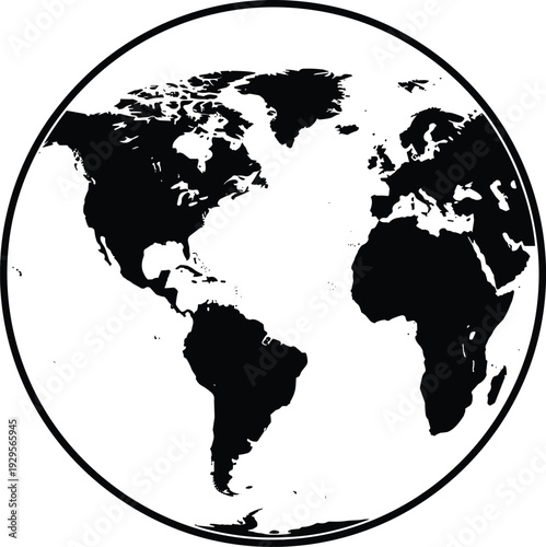 Black world map globe silhouette showing continents of North America South America Europe and Africa isolated on white background for global travel concepts