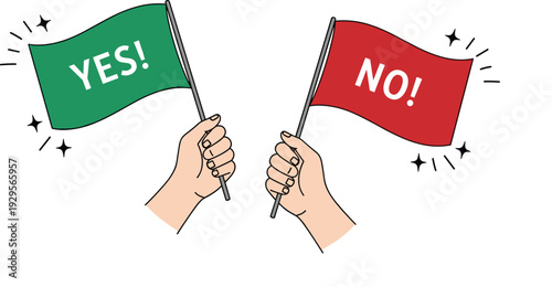 Hands holding yes and no flags, approval and rejection decision concept illustration for voting, feedback and choice