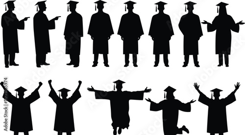 Graduation students silhouette set in cap and gown, black vector collection of graduate poses, celebration, academic success concept isolated on white