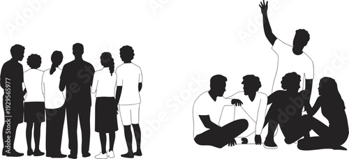Group of people silhouettes set, standing and sitting friends communicating together, teamwork and community concept, black vector illustration isolated on white background
