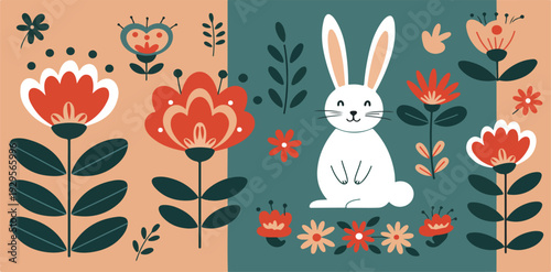 Whimsical white rabbit surrounded by colorful flowers on a vibrant orange background with green leaves and stems