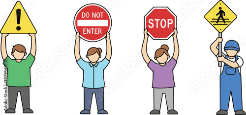 People holding warning and prohibition traffic signs, stop and pedestrian symbols road safety concept flat illustration