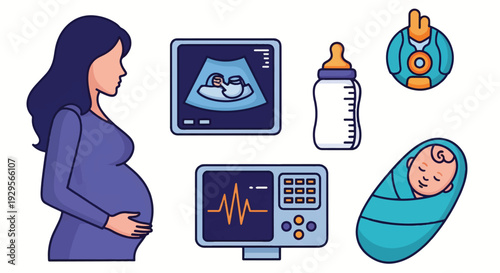 Pregnancy and maternity icons set with pregnant woman ultrasound baby and monitor vector illustration