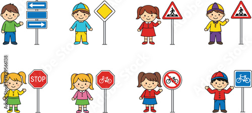 Set of children with various traffic signs, road safety education and bicycle rules concept flat illustration collection