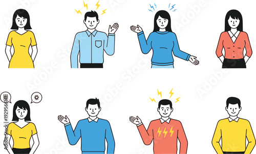 Set of people expressing ideas and emotions, communication gestures with speaking, thinking, and presenting concept flat illustration collection