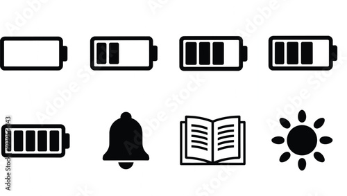 Set of eight black icons including battery levels bell book and sun Keywords: battery icon, battery level, empty battery, full