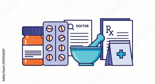 Pharmacy and medical prescription icons set with pills bottle and mortar vector illustration