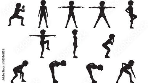 Child yoga pose silhouettes set with stretching and balance exercises, standing and squat positions, black clipart icons isolated on white for fitness and wellness