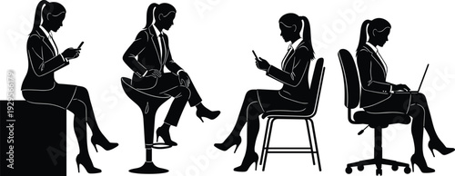 Collection of black business women silhouettes sitting in various office poses using mobile phones and laptops isolated on a clean white background