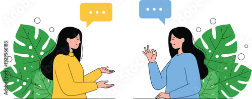 Two women having friendly conversation with speech bubbles, communication and discussion concept flat illustration with tropical leaves background