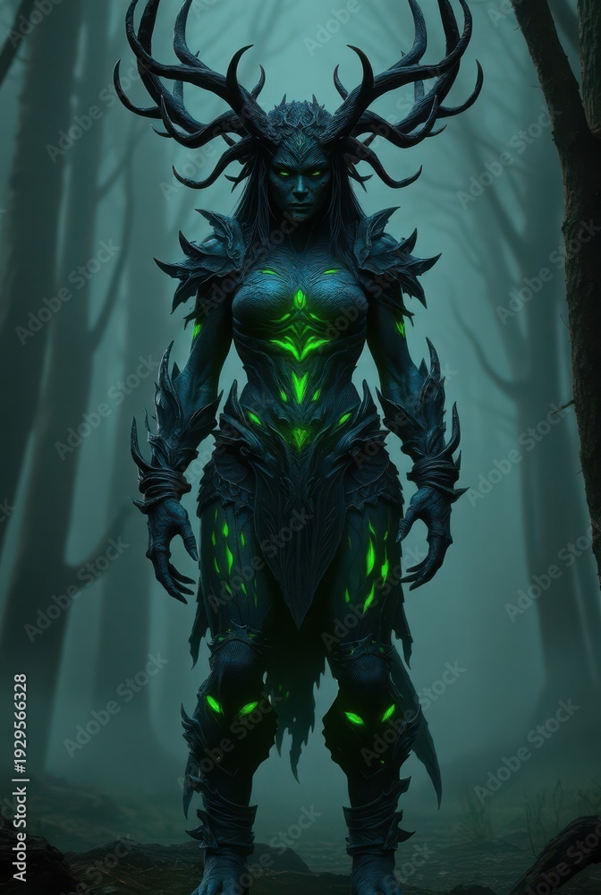 Fototapeta premium Shadow woodland sorceress with antlers and glowing green core